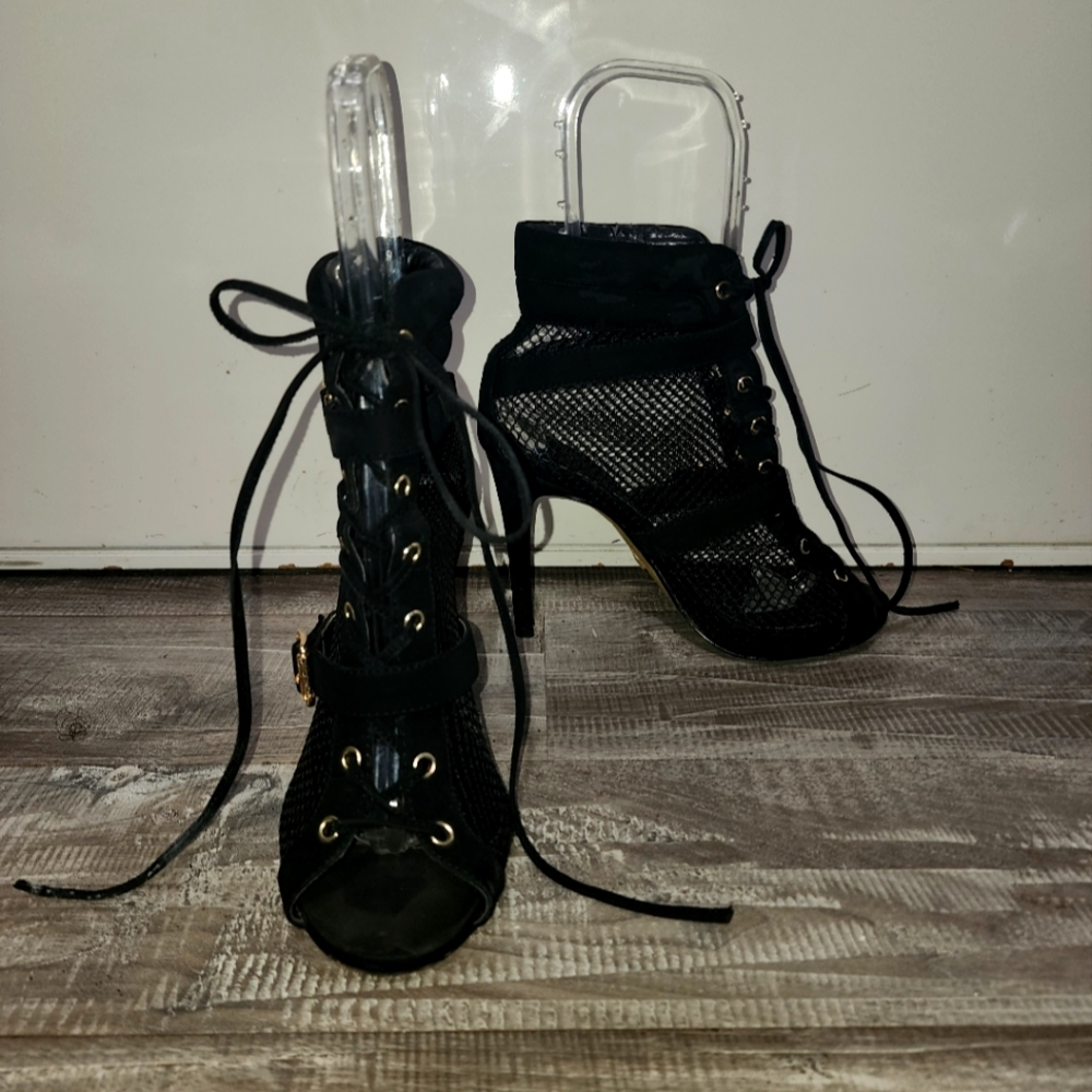 bebe Black Mesh Lace-Up Heels
